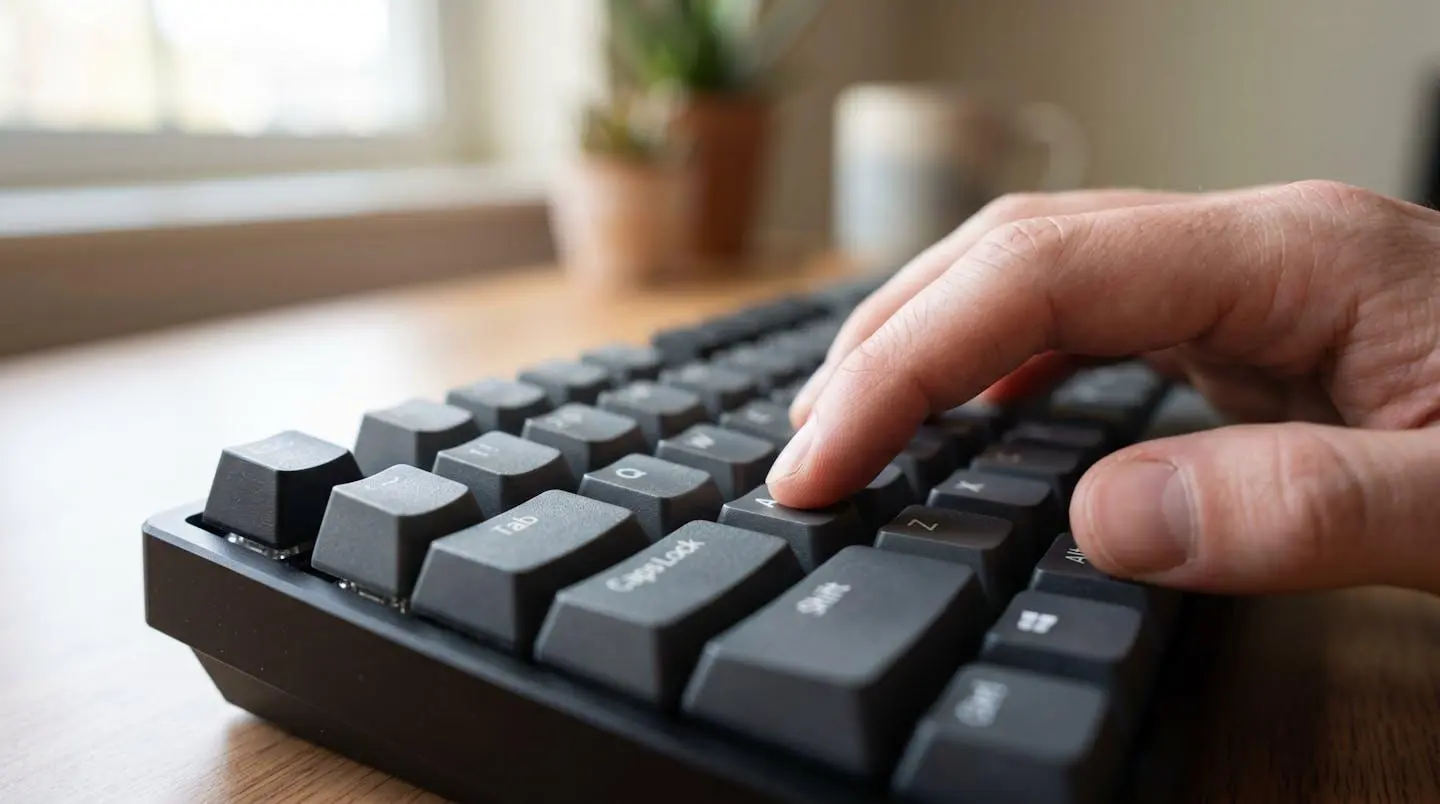 Gros plan sur une main tapant sur un clavier d'ordinateur moderne dans un environnement de bureau contemporain