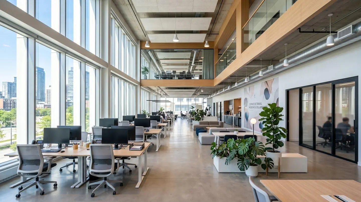 Vue en angle large d'un espace de bureaux moderne et lumineux avec postes de travail équipés d'ordinateurs