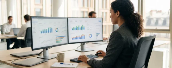 Responsable financier consultant un tableau de bord sur écran d'ordinateur dans un bureau contemporain lumineux