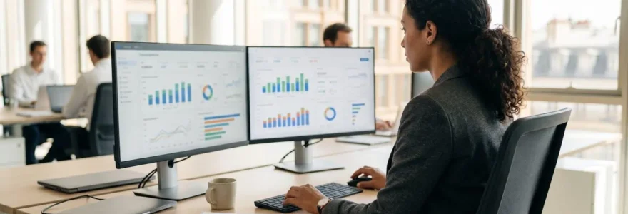 Responsable financier consultant un tableau de bord sur écran d'ordinateur dans un bureau contemporain lumineux